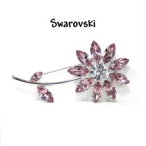 Vintage Swarovski Pink Crystal Daisy Flower Brooch Rhodium Plate